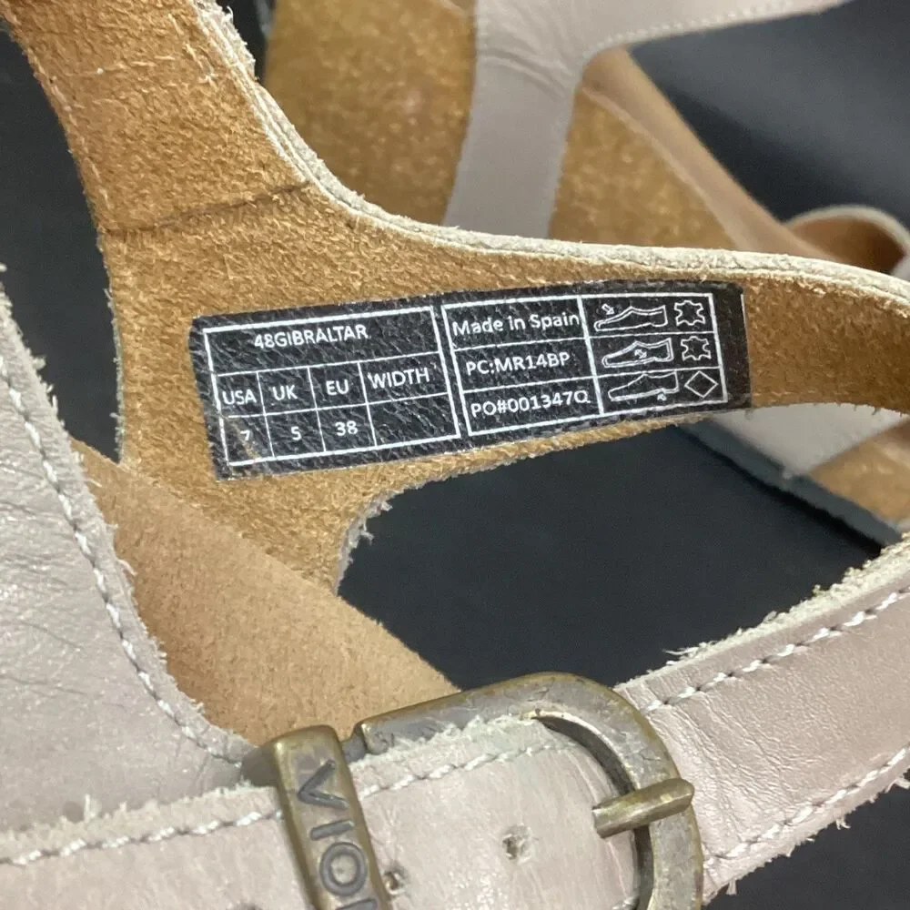 Vionic Orthaheel Strappy Slingback-Women 7-Tan-Flower-Buckle-Cork Heel-Gibraltar